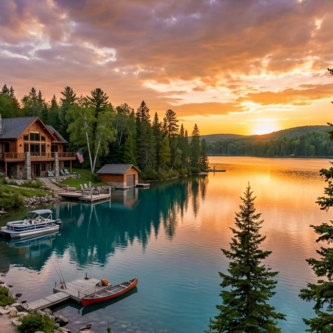 Lakeside cabin, docks, boats, and pine forest beneath a colorful sunset